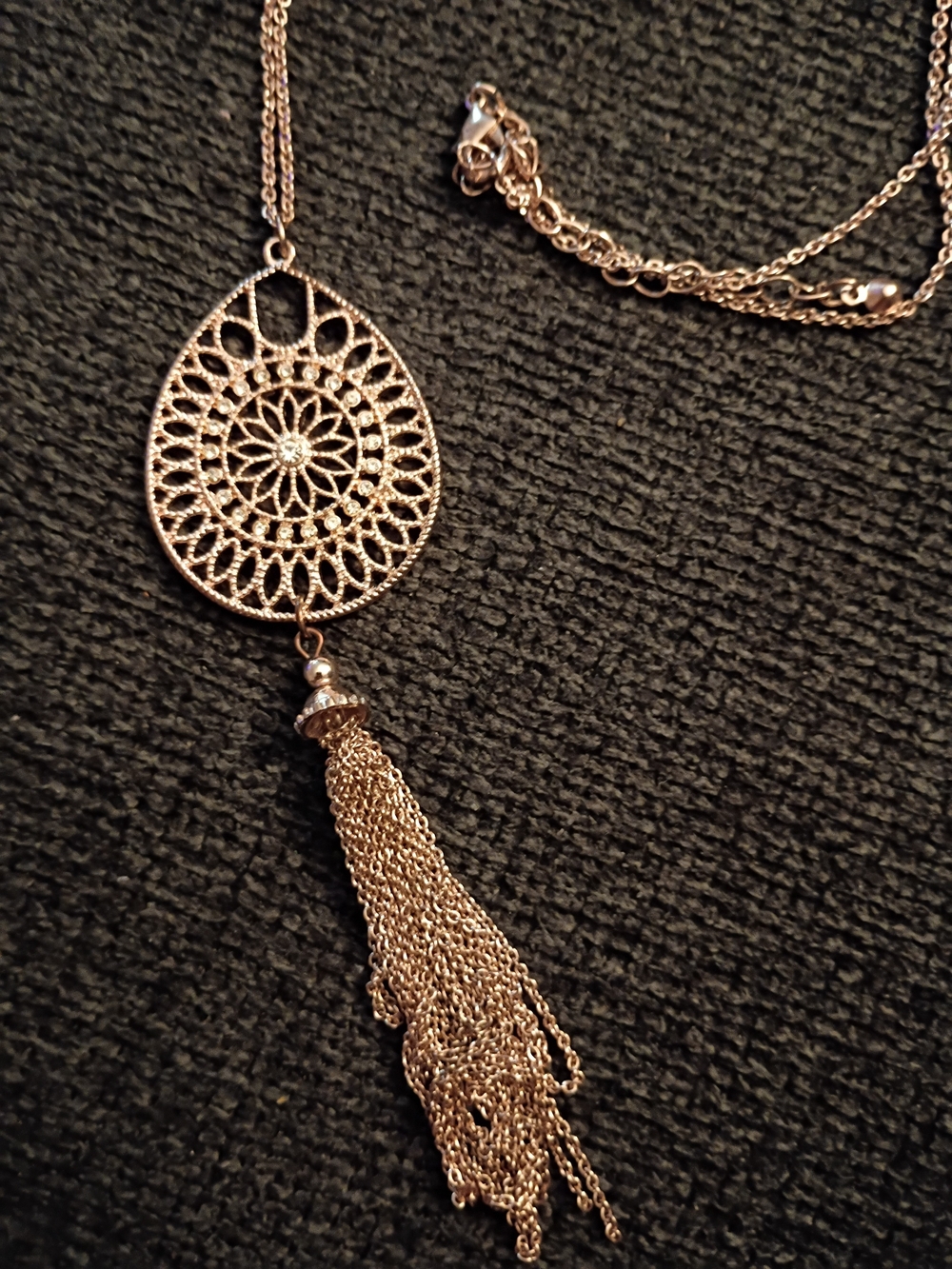 Rose Gold Filigree Teardrop Tassel Necklace